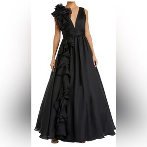 NWT Mac Duggal Black Chiffon Ruffle Shoulder Gown